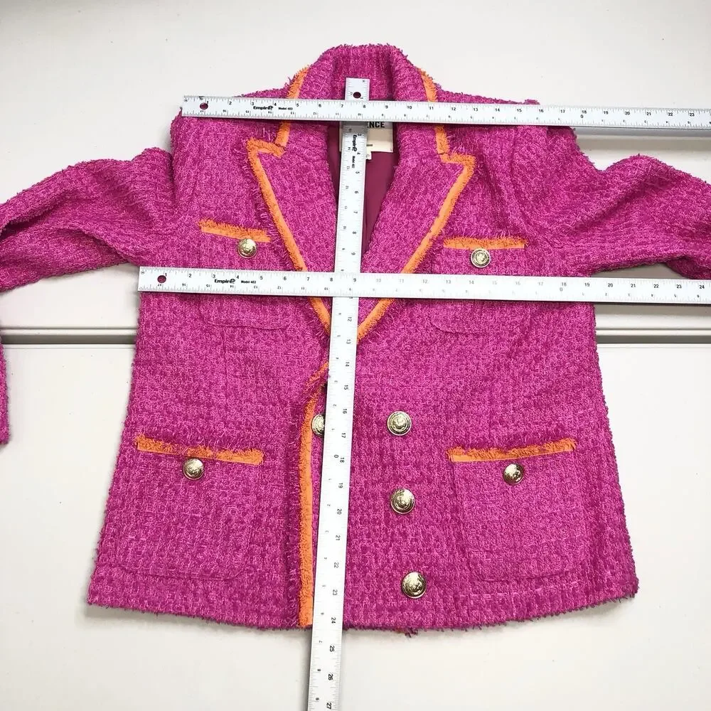 L'AGENCE Hot Pink Tweed Double-Breasted Blazer with Orange Trim - Picture 4 of 13